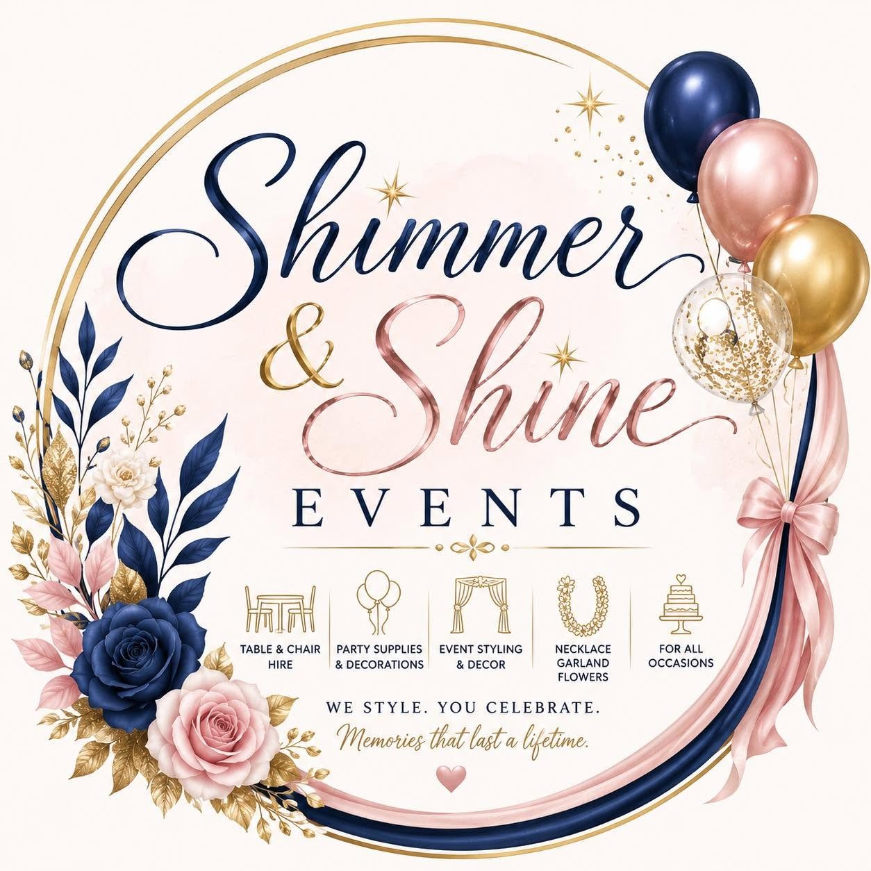 Shimmer & Shine Events logo: navy and rose-gold script lettering framed by a gold ring, with balloons, roses and a draped silk ribbon